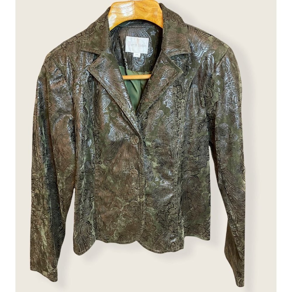 Erin London Brown Green Fitted Brocade Bomber Jacket Sz M Petite